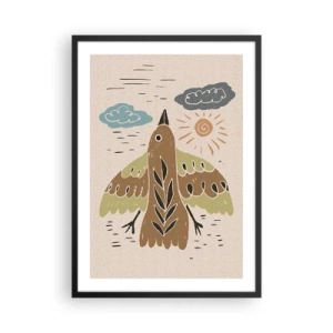 Poszter fehér keretben - Egy színes illusztráció egy repülés közbeni madárról, felhőkkel és a háttérben a nappal. - 50x70cm - Örömteli repülés - Modern fali dekoráció nappalihoz és hálószobához ARTTOR