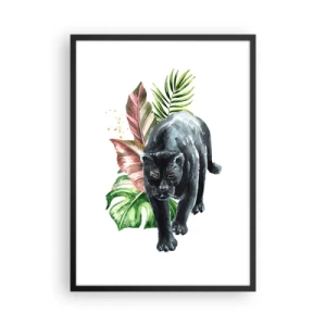 Poszter fehér keretben - Fekete párduc trópusi levelek hátterében - 50x70cm - A szív vadsága - Modern fali dekoráció nappalihoz és hálószobához ARTTOR