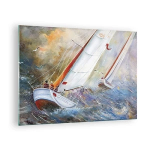 Üveg kép - Vitorláshajók a viharos tengeren egy regatta alatt - 70x50cm - A hullámokon futók  - Modern fali dekoráció nappalihoz és hálószobához ARTTOR