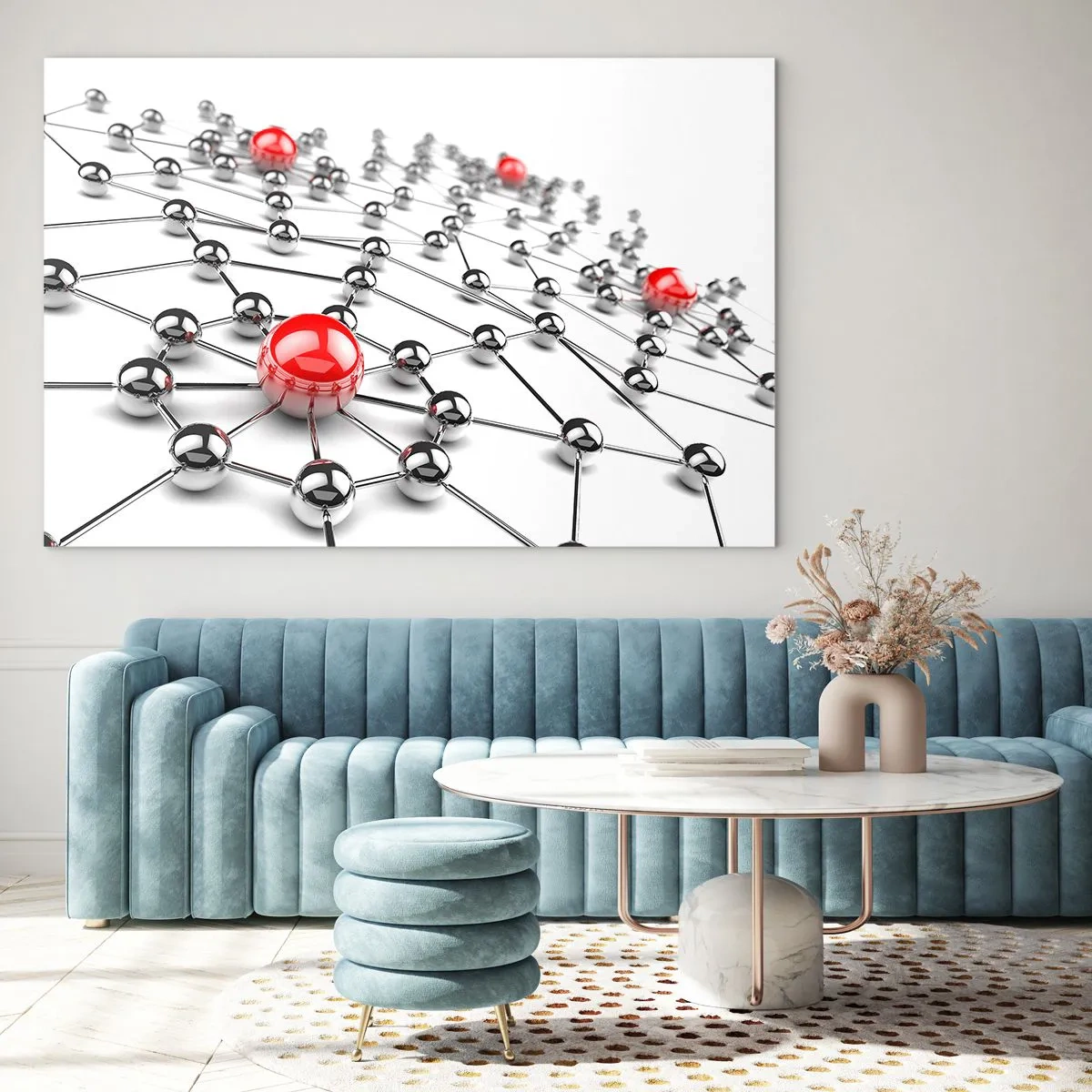 Üveg kép - Ezüst molekuláris hálózat piros díszítéssel - 70x50cm - Ezüst háló - Modern fali dekoráció nappalihoz és hálószobához ARTTOR