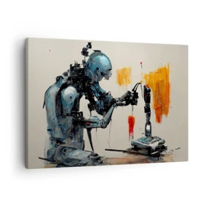 Vászonkép - Robot dolgozik absztrakt háttérrel - 70x50cm - Már holnap... - Modern fali dekoráció nappalihoz és hálószobához ARTTOR