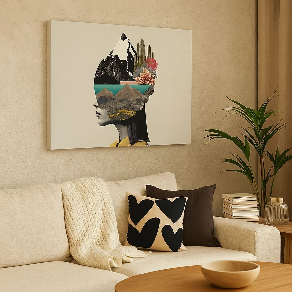 Vászonkép - Kollázs egy nőről hegyi tájjal és virágokkal - 70x50cm - Nő - mindig rejtély - Modern fali dekoráció nappalihoz és hálószobához ARTTOR