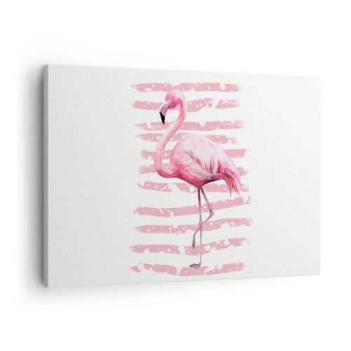 Vászonkép - Flamingo minimalista stílusban, rózsaszín háttérrel - 70x50cm - Méltósággal, bár rózsaszínben - Modern fali dekoráció nappalihoz és hálószobához ARTTOR