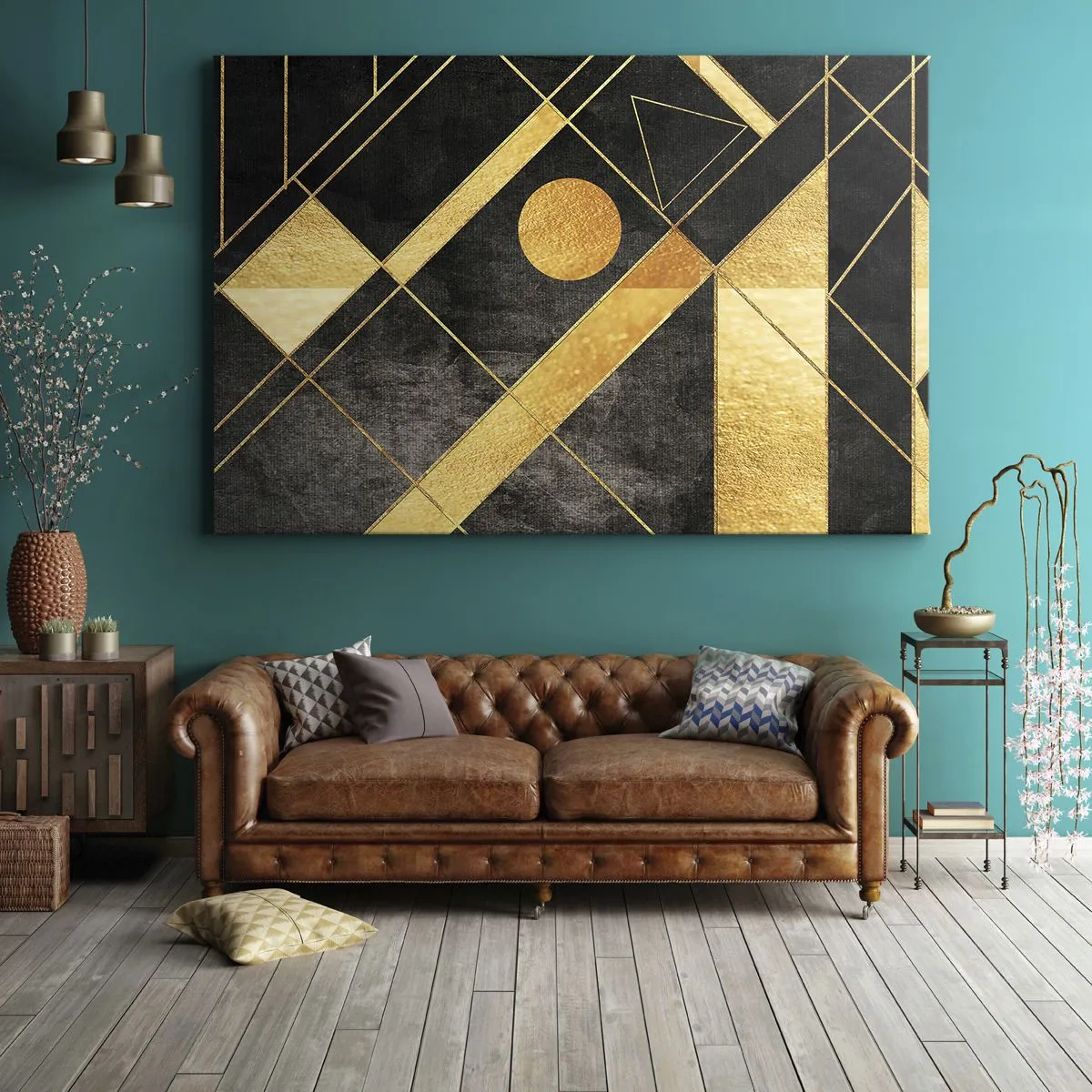 Vászonkép - Geometriai alakzatok arany és fekete árnyalatokban - 70x50cm - A sivatag napja - Modern fali dekoráció nappalihoz és hálószobához ARTTOR