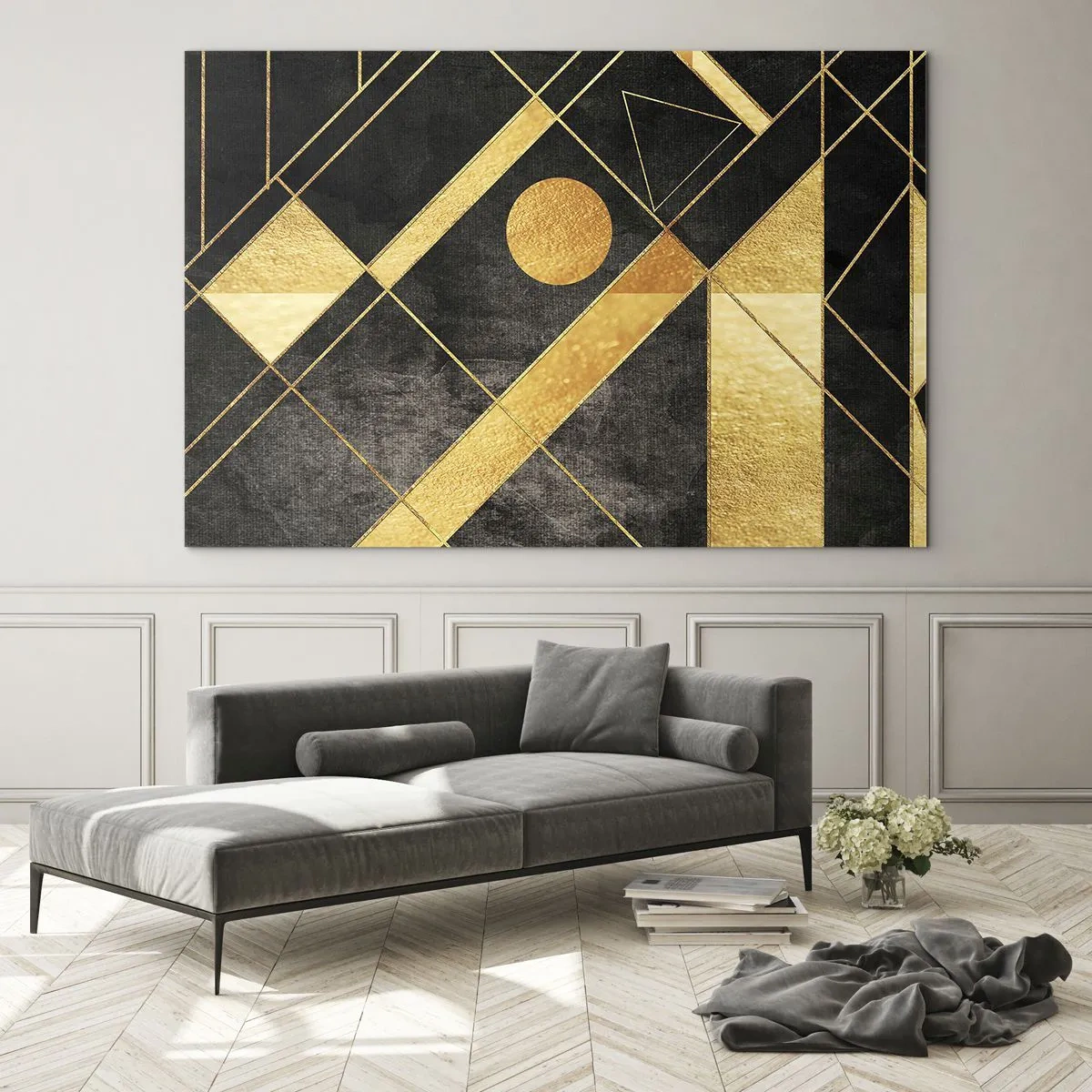 Üveg kép - Arany geometrikus minták fekete háttéren - 70x50cm - A sivatag napja - Modern fali dekoráció nappalihoz és hálószobához ARTTOR