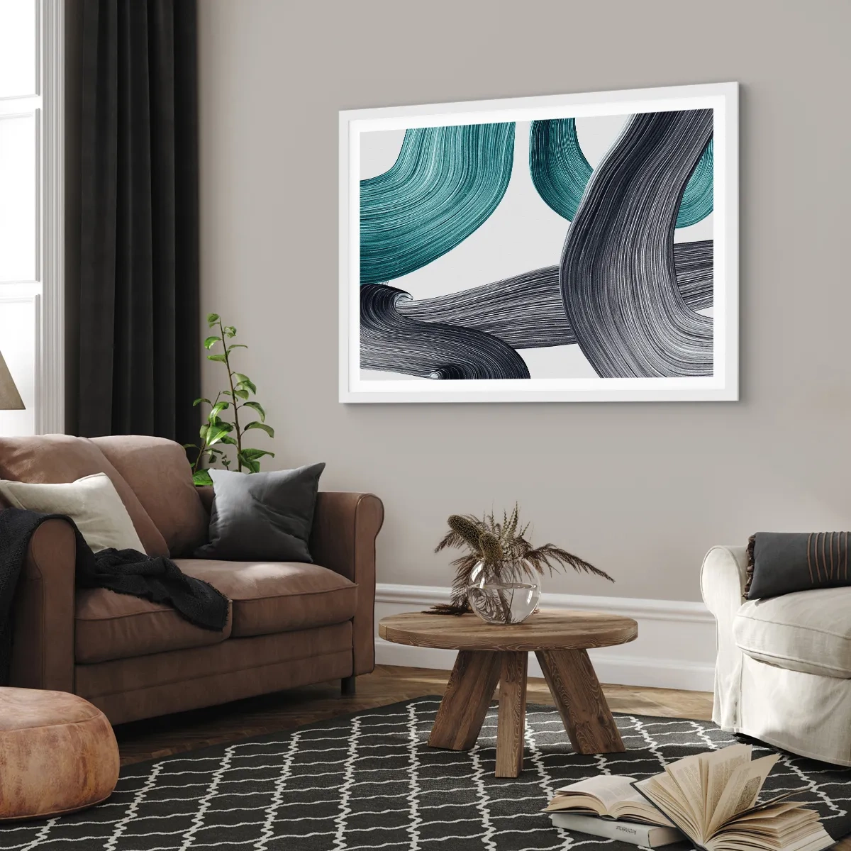 Poszter fekete keretben - Smaragdzöld és fekete nyomok - 100x70 cm