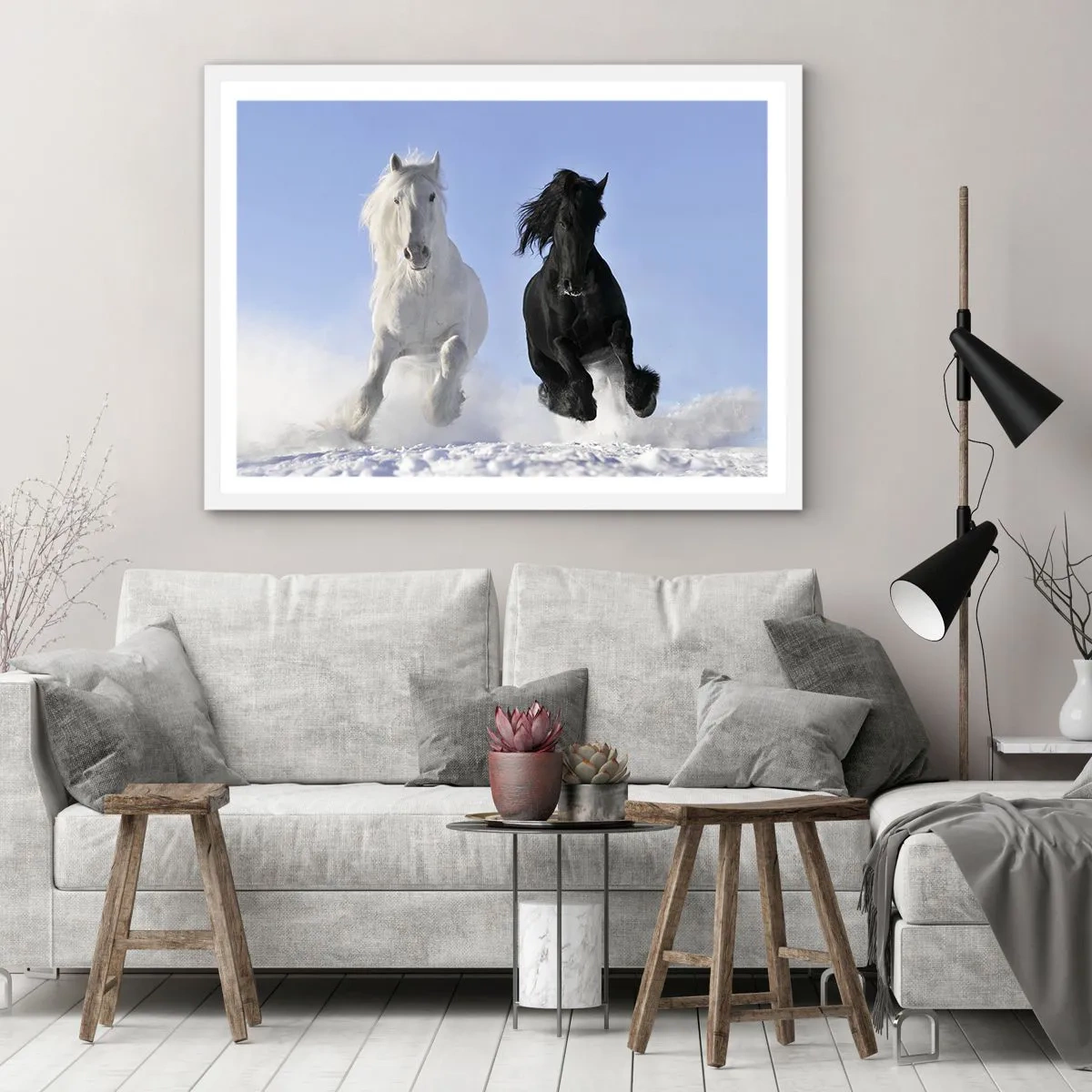 Poszter fekete keretben - Fekete-fehér galopp - 70x50 cm