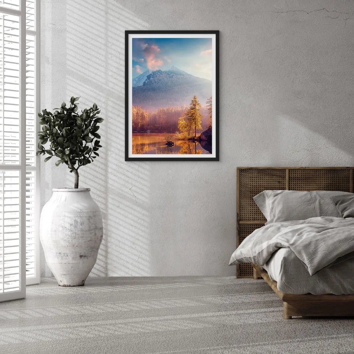 Poszter fehér keretben - Őszi hegyi táj tükörképével a tóban - 50x70cm - A hegyekben és völgyekben - Modern fali dekoráció nappalihoz és hálószobához ARTTOR