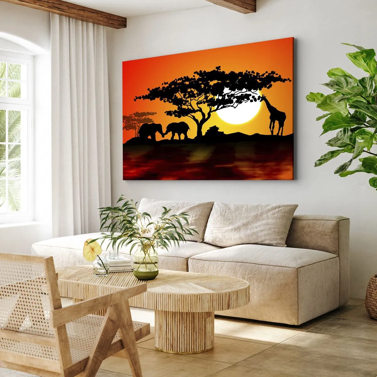Vászonkép - Afrikai naplemente elefántok és zsiráfok sziluettjeivel a víz felett - 70x50cm - Találkozás a szavannán - Modern fali dekoráció nappalihoz és hálószobához ARTTOR