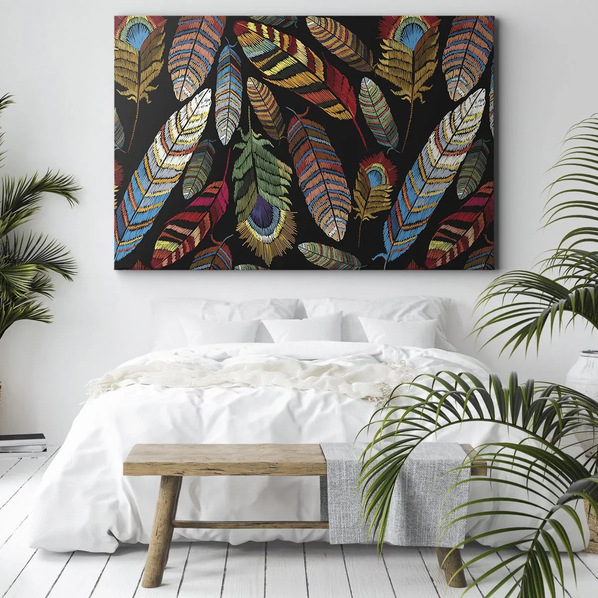 Vászonkép - Színes tollak fekete háttéren - 70x50cm - A madárkarnevál - Modern fali dekoráció nappalihoz és hálószobához ARTTOR