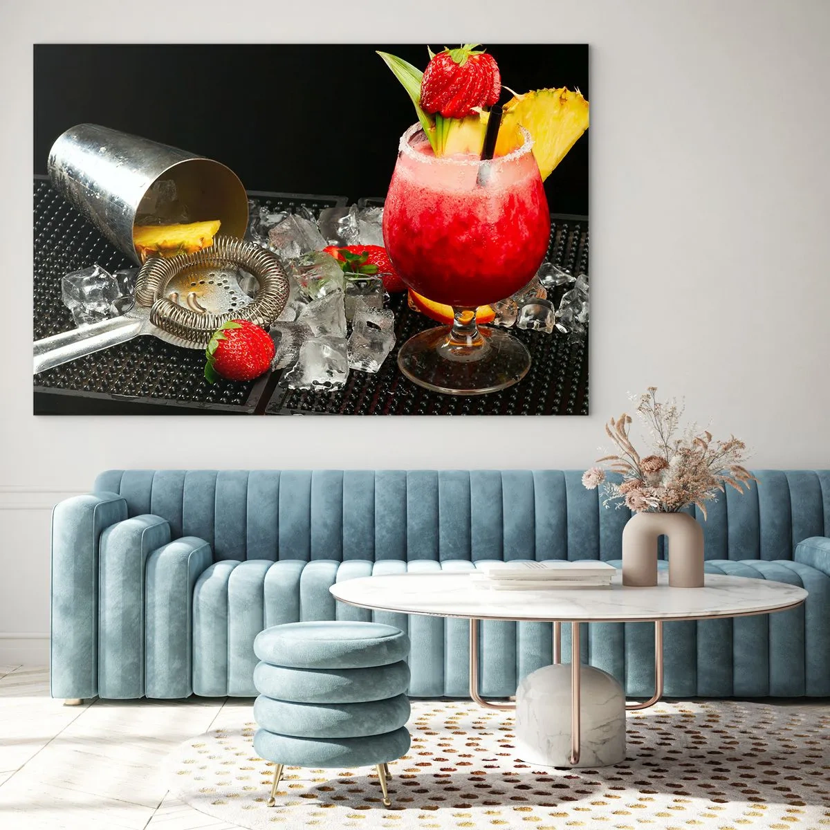 Üveg kép - Egy színes ital gyümölccsel és egy jégre vert shakerrel - 70x50cm - Varázsolj ízt - Modern fali dekoráció nappalihoz és hálószobához ARTTOR