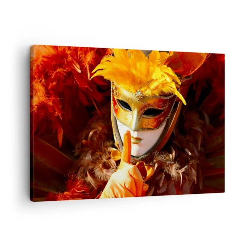 Vászonkép - Karneváli maszk arany és narancs árnyalatokban - 70x50cm - A rejtély a játék része - Modern fali dekoráció nappalihoz és hálószobához ARTTOR