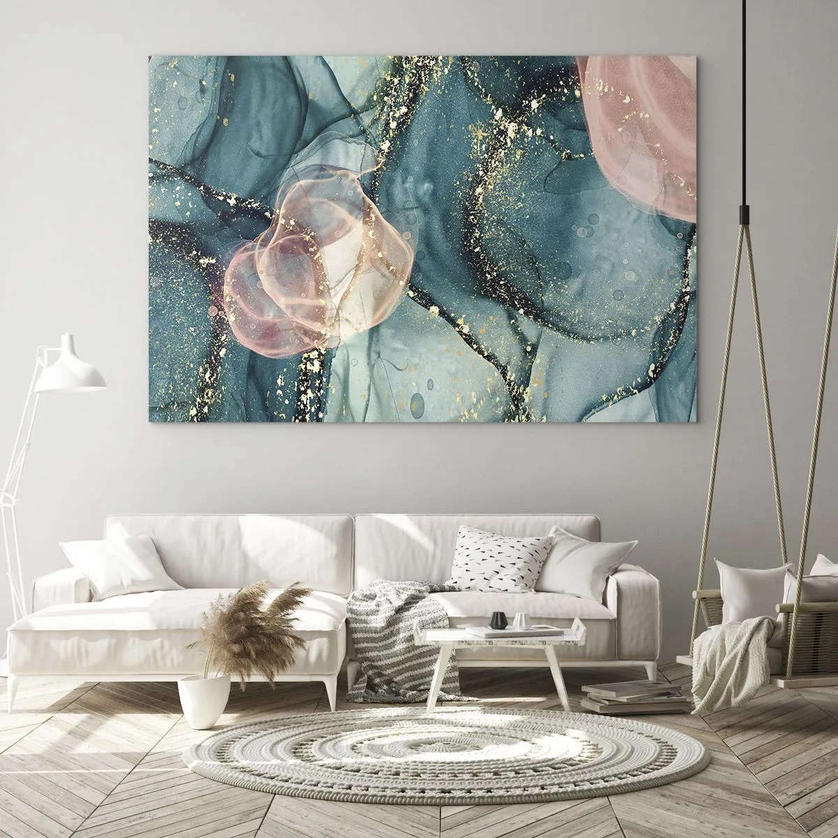 Üveg kép - Absztrakt formák kék és rózsaszín színben, arany részletekkel - 70x50cm - Selyemkék, tüll rózsaszín - Modern fali dekoráció nappalihoz és hálószobához ARTTOR