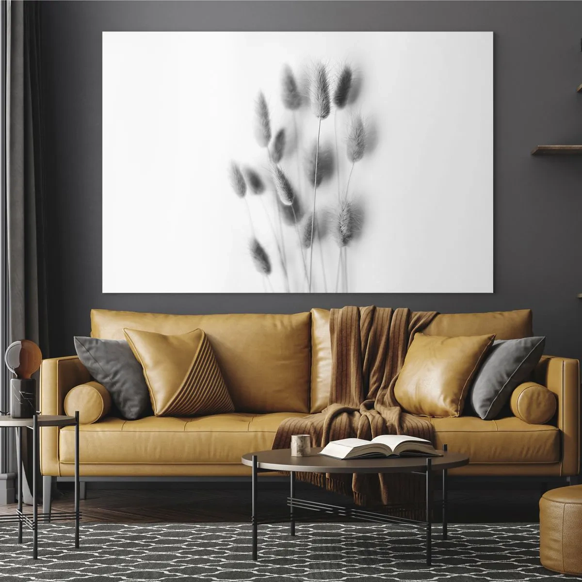 Üveg kép - Fekete-fehér fűfülek világos háttéren, minimalista stílusban - 70x50cm - A bolyhos fű - Modern fali dekoráció nappalihoz és hálószobához ARTTOR