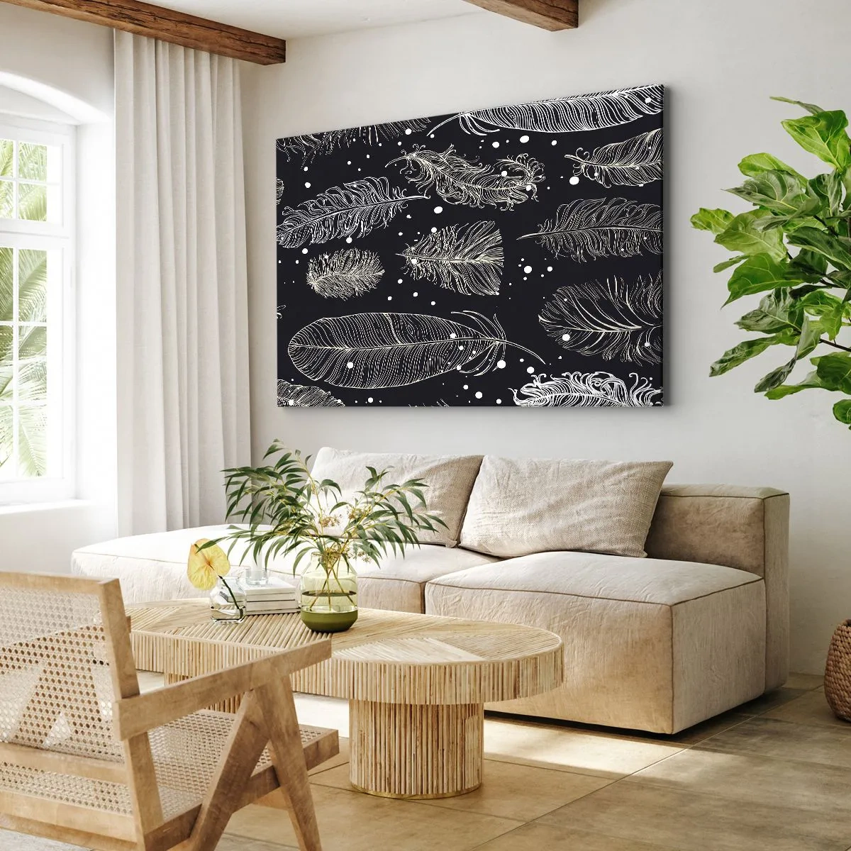 Vászonkép - Finom fehér tollak sötétkék alapon - 70x50cm - Tollas csipke - Modern fali dekoráció nappalihoz és hálószobához ARTTOR