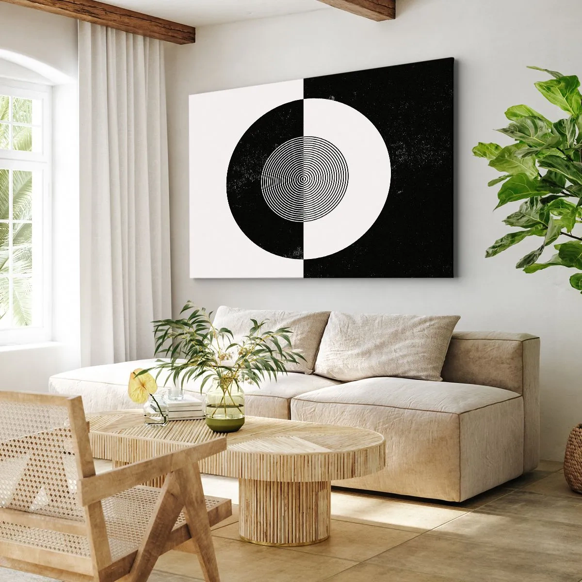 Vászonkép - Grafikus minta kontrasztos fekete-fehérben - 70x50cm - Harmónia fekete-fehérben - Modern fali dekoráció nappalihoz és hálószobához ARTTOR