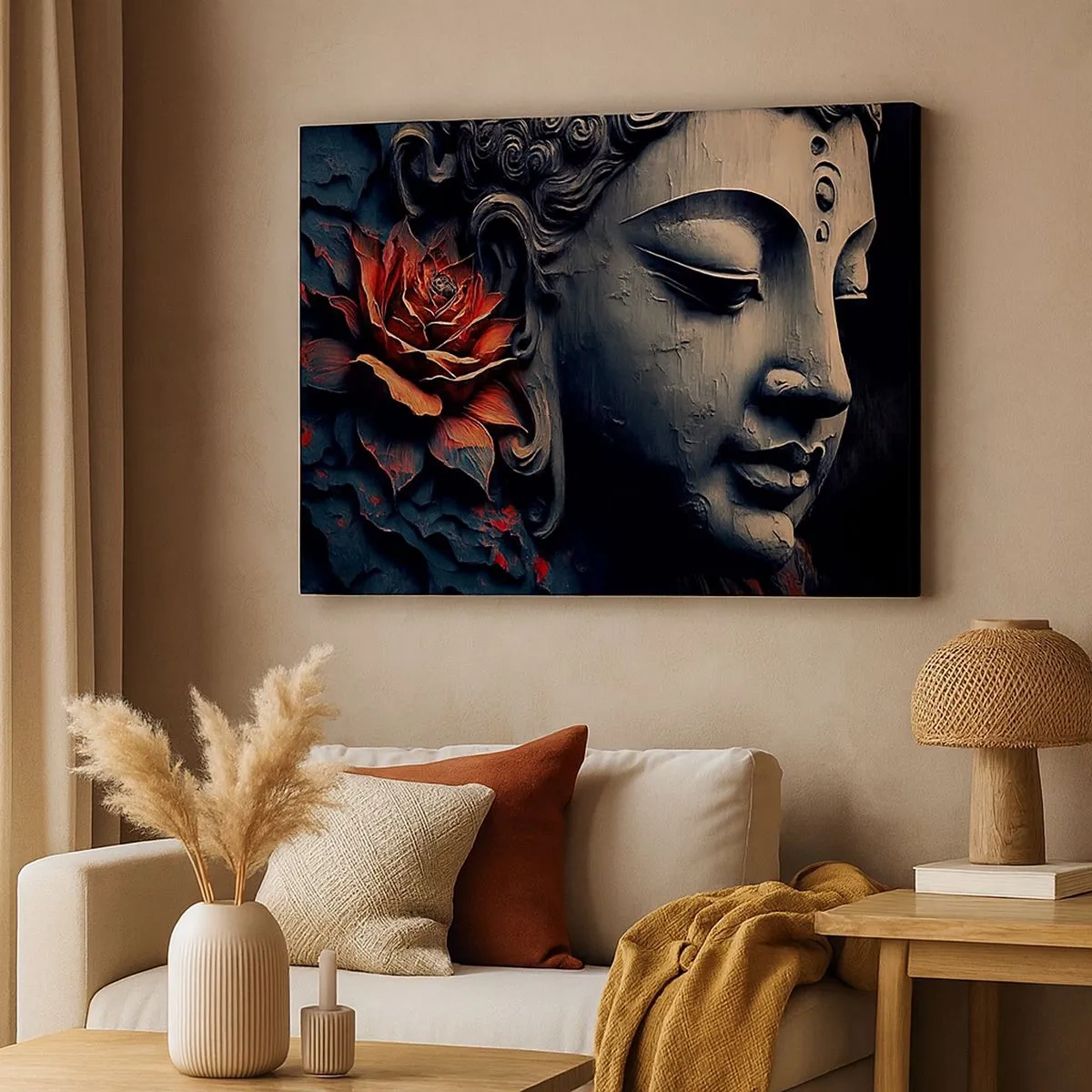Vászonkép - Buddha szobor vörös lótuszvirággal - 70x50cm - Összhangban a világgal - Modern fali dekoráció nappalihoz és hálószobához ARTTOR