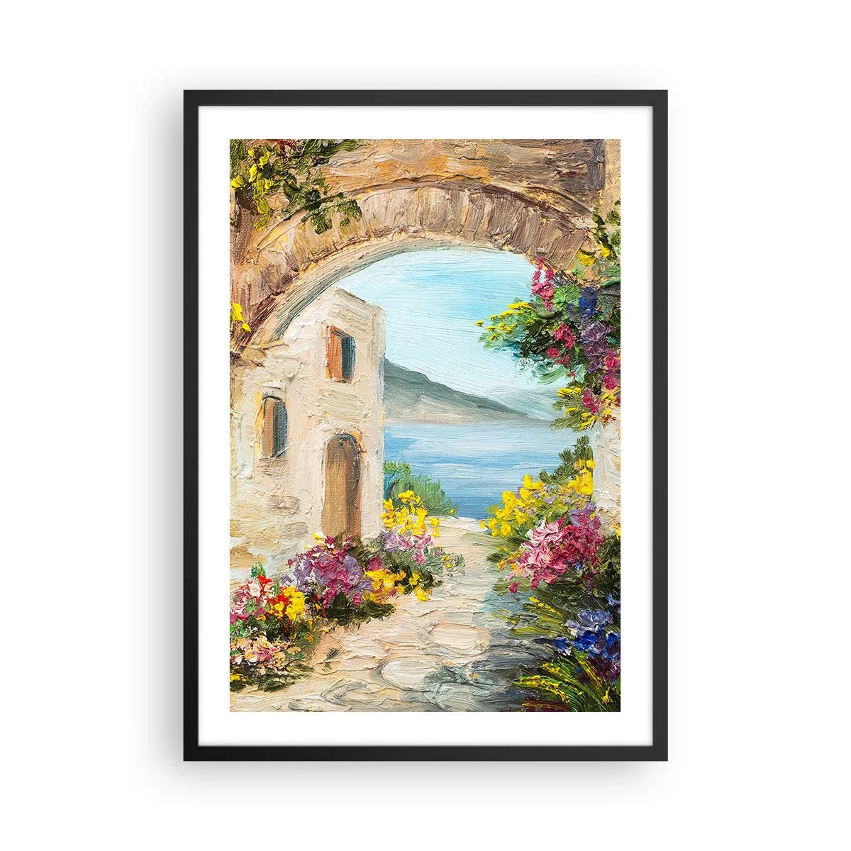 Poszter fehér keretben - Kőív, kilátással a tengerre - 50x70cm - Egy tengerparti vidék varázsa - Modern fali dekoráció nappalihoz és hálószobához ARTTOR