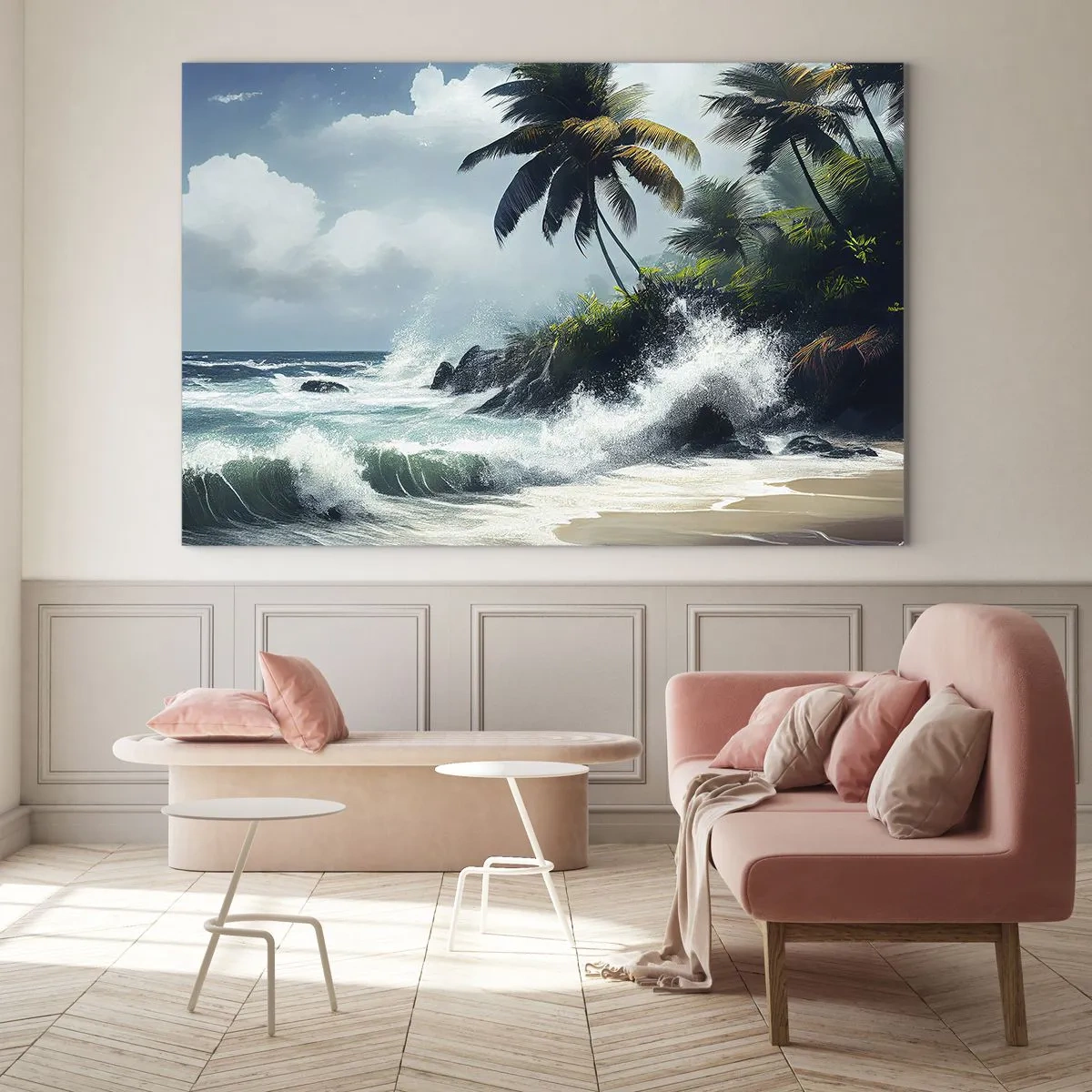 Üveg kép - Hullámok csapódnak a szikláknak a pálmafák mellett egy trópusi tengerparton - 70x50cm - Egy trópusi parton - Modern fali dekoráció nappalihoz és hálószobához ARTTOR