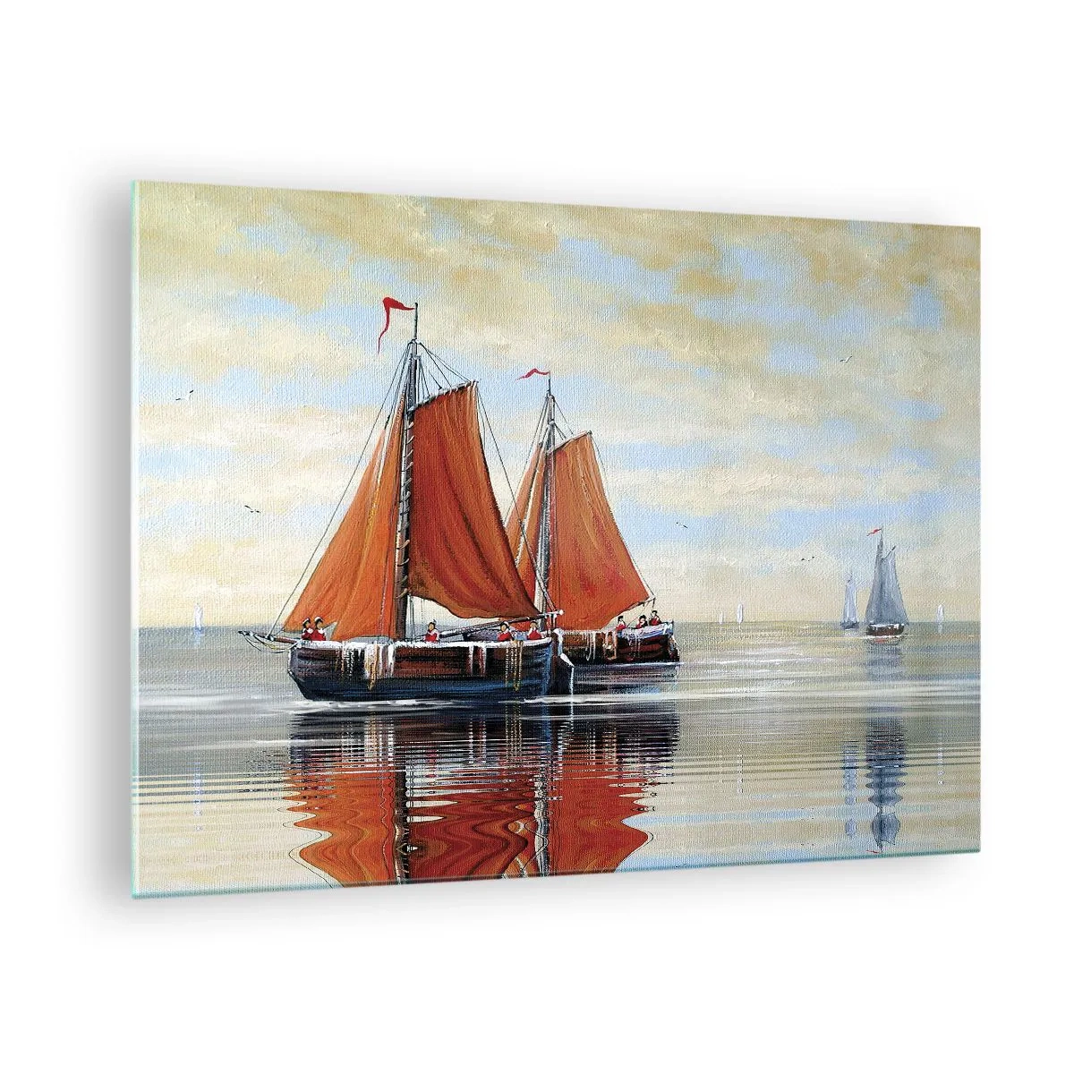 Üveg kép - Vitorlás hajók a nyugodt tengeren naplementekor - 70x50cm - Hé, vitorla, tengerész… - Modern fali dekoráció nappalihoz és hálószobához ARTTOR