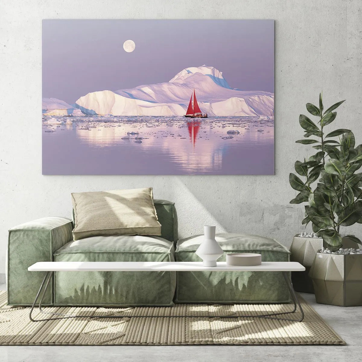 Üveg kép - Egy vitorlás a gleccserek hátterében a holdfényben - 70x50cm - A vitorla melege, a jég hidege - Modern fali dekoráció nappalihoz és hálószobához ARTTOR