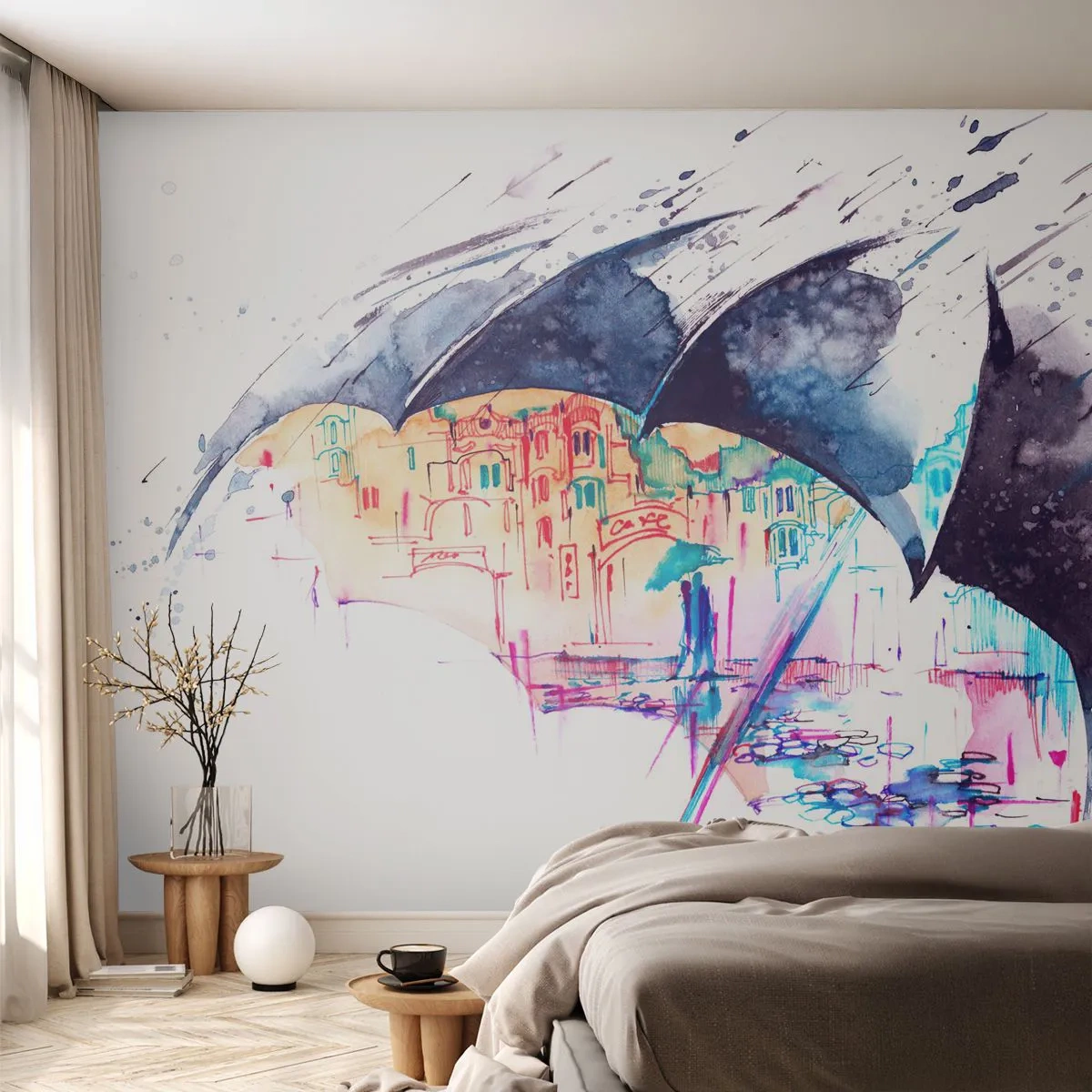 Fotótapéta Premium Sand - Sétálj az esőben - Absztrakció, Esernyő, Építészet - 250x175 cm