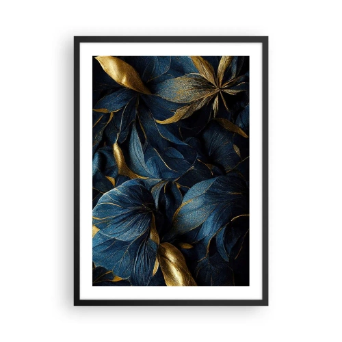 Poszter fehér keretben - Arany levelek mély sötétkék háttér előtt - 50x70cm - Arannyal bélelt - Modern fali dekoráció nappalihoz és hálószobához ARTTOR