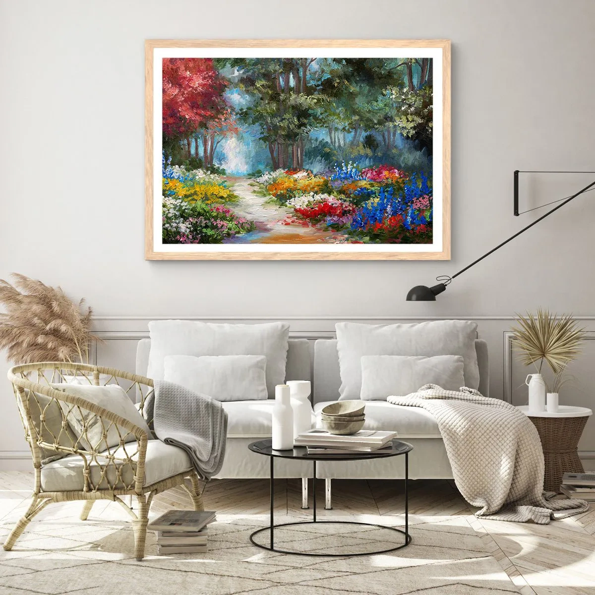 Poszter világos tölgy keretben - Erdei kert, virágos erdő - 100x70 cm