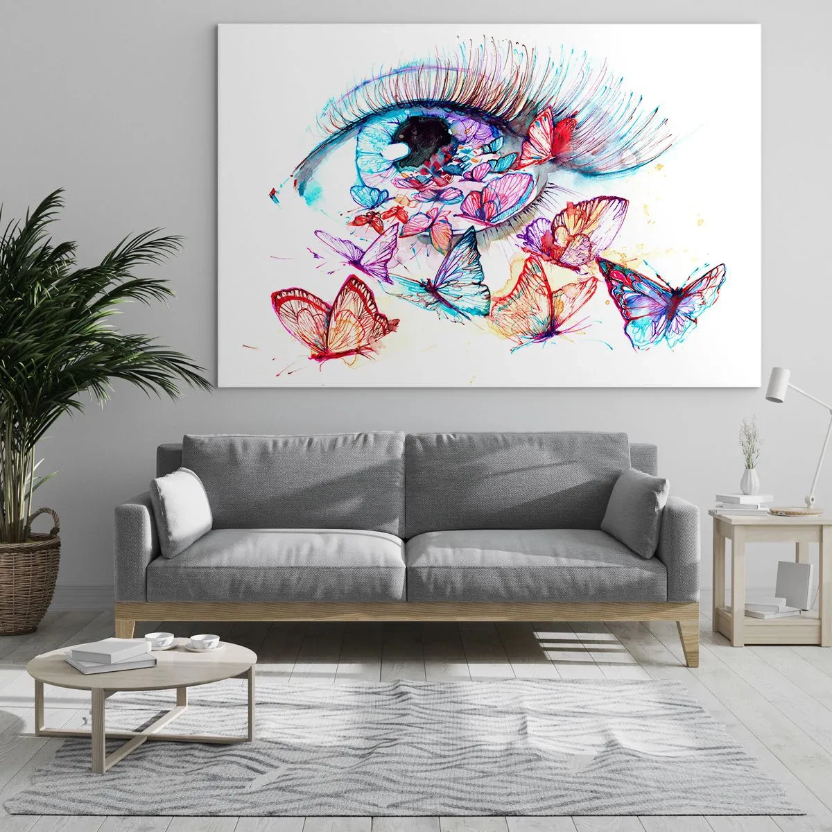 Üveg kép - Egy nő szeme, színes akvarell pillangókkal körülvéve - 70x50cm - Mesebeli szemek varázsa - Modern fali dekoráció nappalihoz és hálószobához ARTTOR