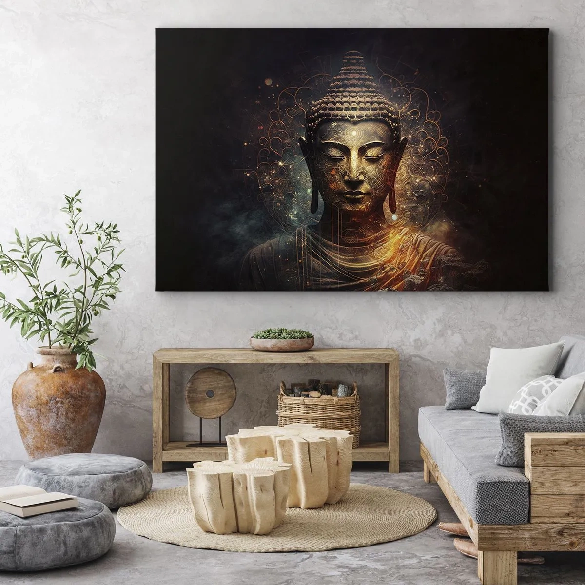 Vászonkép - Arany Buddha sötét háttér előtt, díszekkel - 70x50cm - Spirituális egyensúly - Modern fali dekoráció nappalihoz és hálószobához ARTTOR