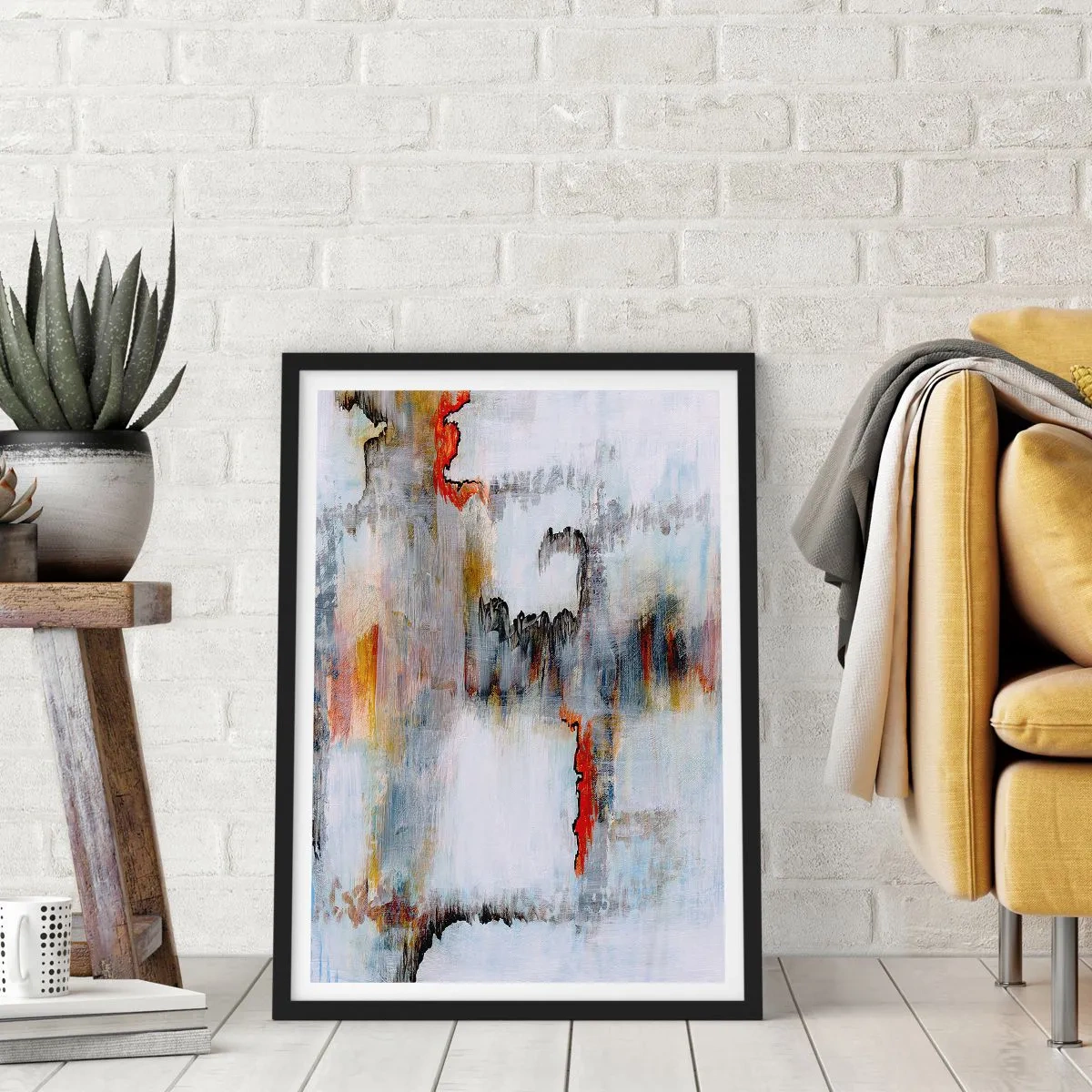 Poszter fehér keretben - Absztrakt kompozíció szürke és piros árnyalatokkal. - 50x70cm - Egy bottal a vízen - Modern fali dekoráció nappalihoz és hálószobához ARTTOR