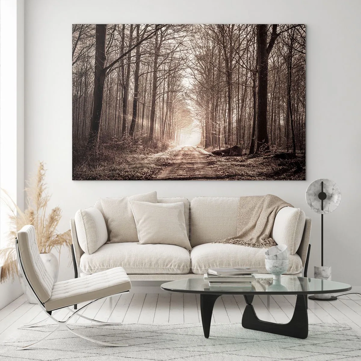 Üveg kép - Erdei út a reggeli ködben - 70x50cm - Erdei katedrális - Modern fali dekoráció nappalihoz és hálószobához ARTTOR