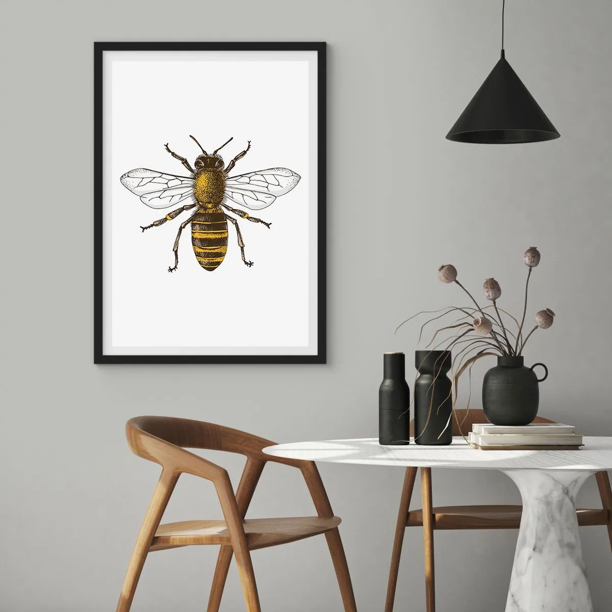 Poszter fehér keretben - Vintage méh részletes illusztráció - 50x70cm - Gyönyörű és jó - Modern fali dekoráció nappalihoz és hálószobához ARTTOR