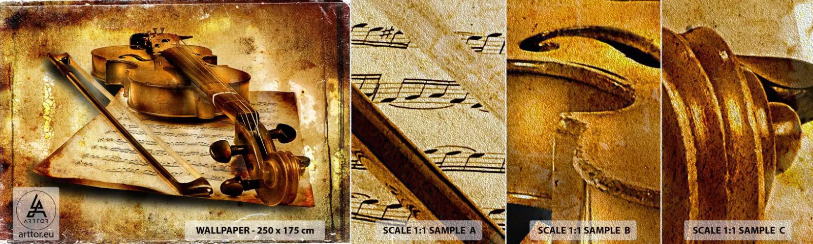 Fotótapéta Minta Premium Sand - Azonnal szükség van egy virtuózra - Hegedű, Zene, Hangjegyek - 100x30 cm