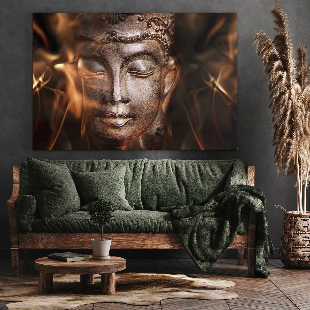 Vászonkép - Egy Buddha-szobor aranyló lángok között - 70x50cm - Csak itt és most létezik - Modern fali dekoráció nappalihoz és hálószobához ARTTOR