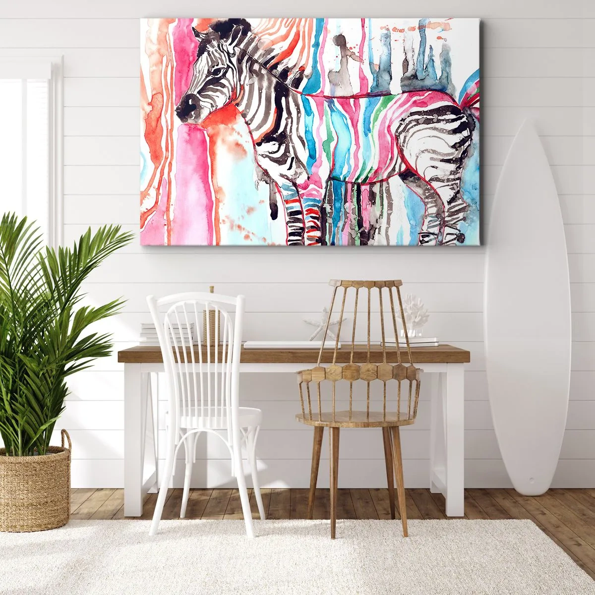 Vászonkép - Egy színes zebra absztrakt akvarell minták hátterében - 70x50cm - A természet gondtalan tréfája - Modern fali dekoráció nappalihoz és hálószobához ARTTOR
