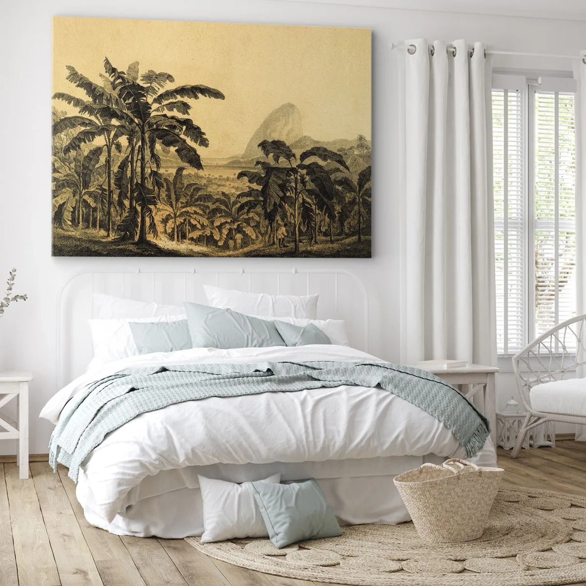 Vászonkép - Banánfák rajza trópusi táj háttér előtt - 70x50cm - Gyarmati klímában - Modern fali dekoráció nappalihoz és hálószobához ARTTOR