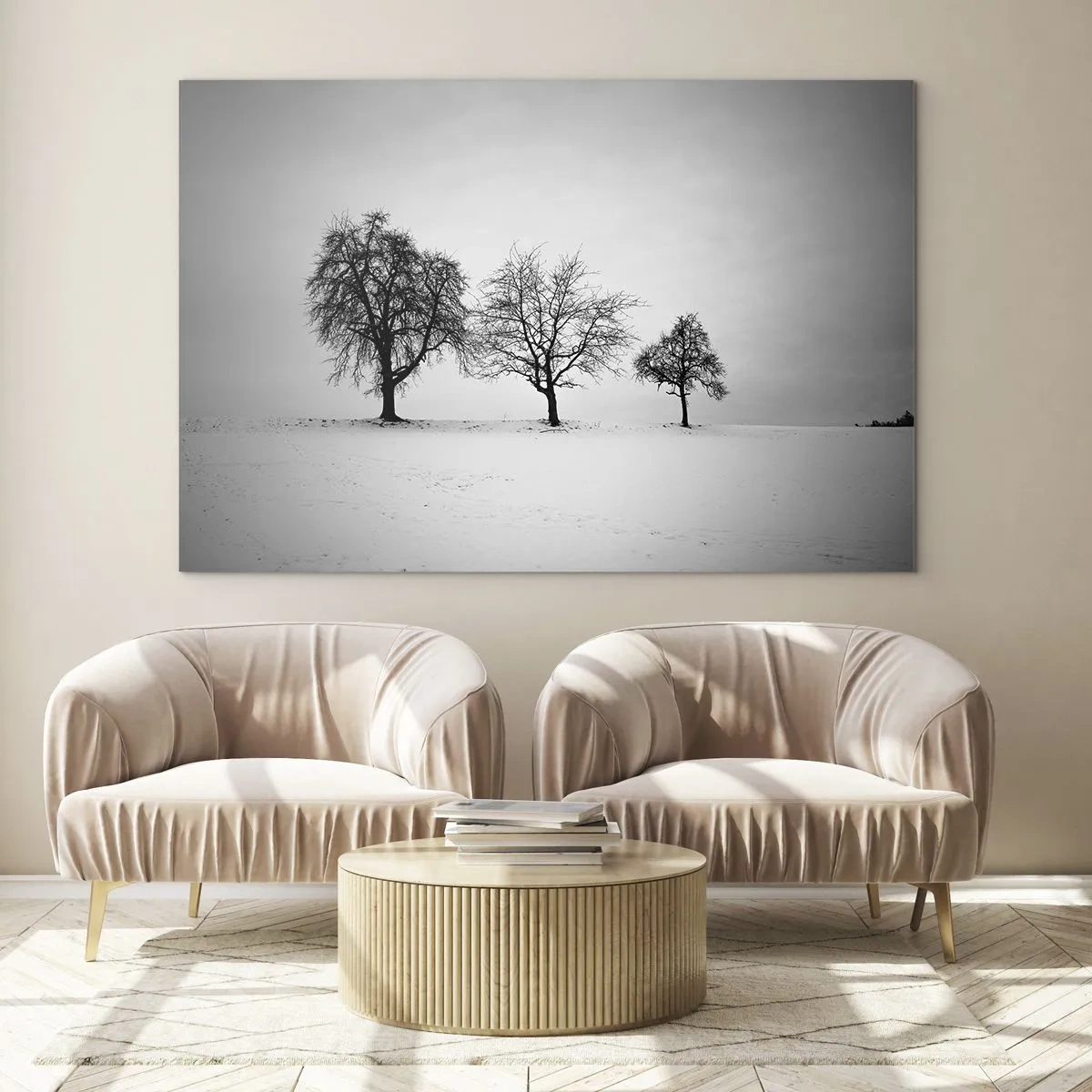Üveg kép - Három magányos fa egy hófödte területen - 70x50cm - Miről álmodoznak? - Modern fali dekoráció nappalihoz és hálószobához ARTTOR
