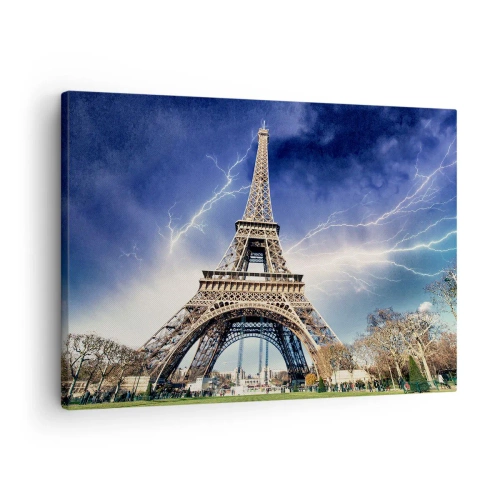 Vászonkép - Az Eiffel-torony viharos égbolttal és villámlással a háttérben - 70x50cm - A viharok uralkodója - Modern fali dekoráció nappalihoz és hálószobához ARTTOR