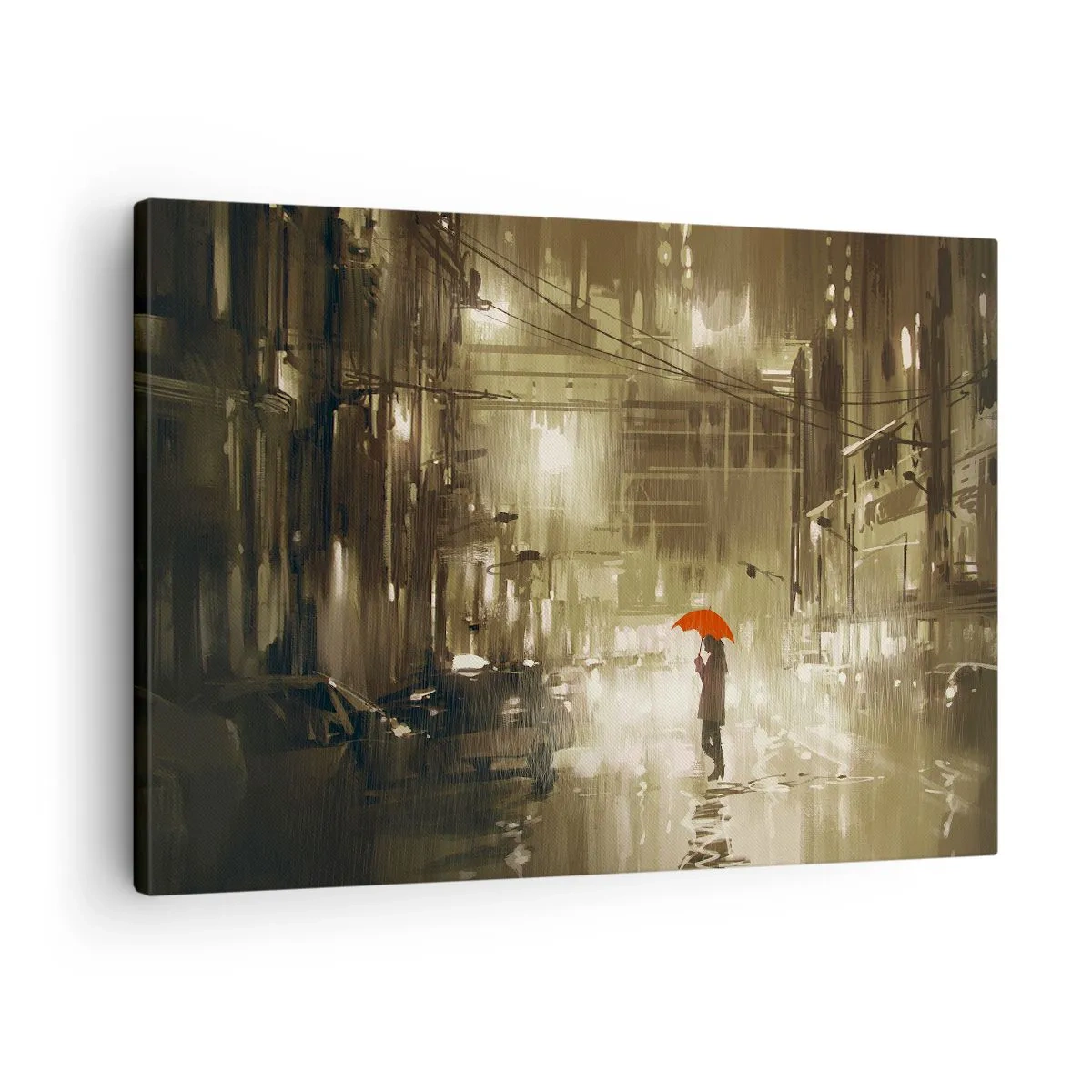 Vászonkép - Egy alak egy piros esernyővel egy esős városban - 70x50cm - Egyedül, de nem magányosan - Modern fali dekoráció nappalihoz és hálószobához ARTTOR