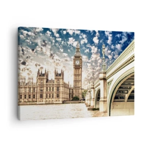 Vászonkép - Big Ben és Westminster híd Londonban, a napfény fényében - 70x50cm - Tollas felhők a Temze felett - Modern fali dekoráció nappalihoz és hálószobához ARTTOR