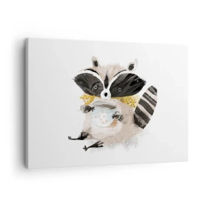 Vászonkép - Imádnivaló mosómedve pasztellszínű bögrét tart a kezében - 70x50cm - A barátom a mosómedve - Modern fali dekoráció nappalihoz és hálószobához ARTTOR