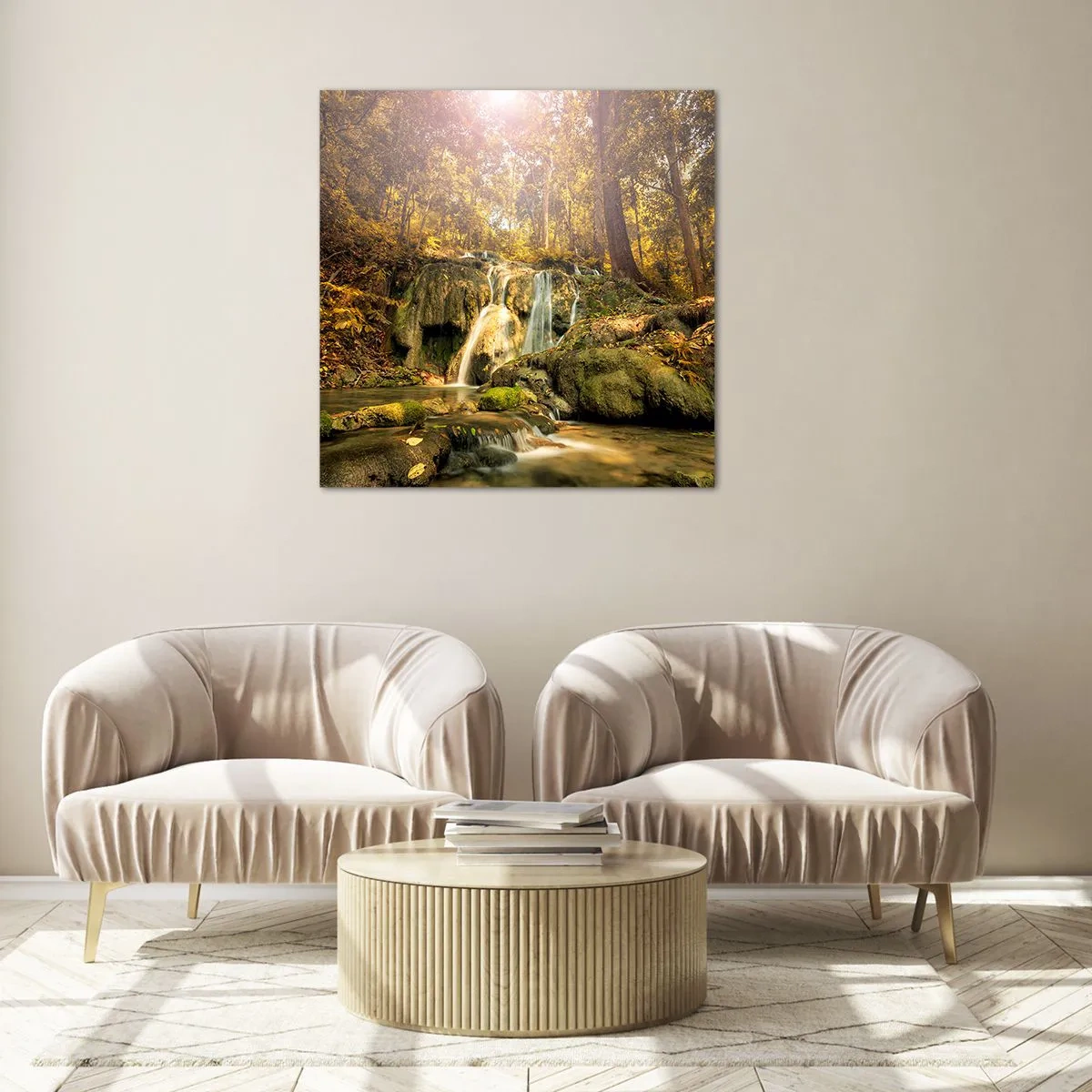 Üveg kép - Erdei vízesés a zöldben - 40x40 cm