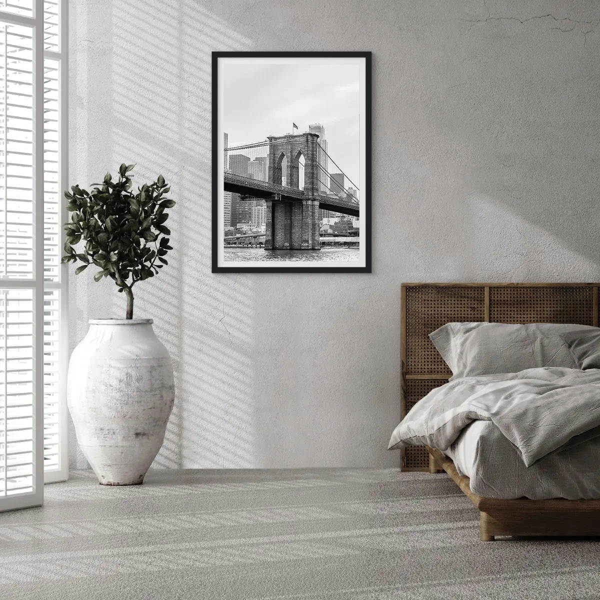 Poszter fehér keretben - Brooklyn híd monokróm színben - 50x70cm - New York-i hangulat - Modern fali dekoráció nappalihoz és hálószobához ARTTOR