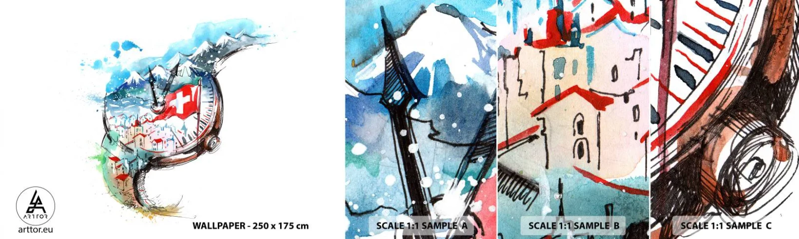 Fotótapéta Minta Standard Eco - Svájci szellemiség - Absztrakció, Svájci óra, Alpok - 100x30 cm