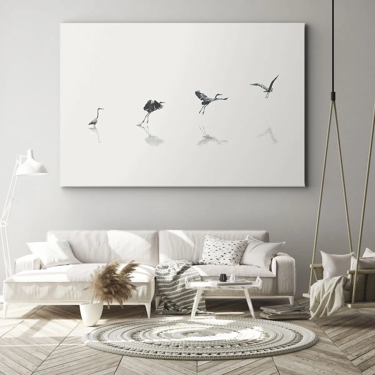 Vászonkép - Négy madár sziluett tükröződik a nyugodt vízben - 70x50cm - Négy egyszerű lépés - Modern fali dekoráció nappalihoz és hálószobához ARTTOR