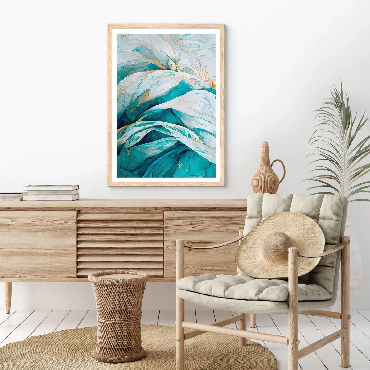 Poszter világos tölgy keretben - Kék absztrakció arany motívummal - 50x70 cm