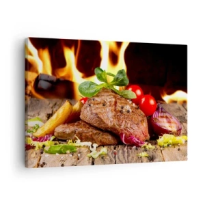 Vászonkép - Grillezett steak köretekkel a lángok hátterében - 70x50cm - Parázzsal elővarázsolva - Modern fali dekoráció nappalihoz és hálószobához ARTTOR