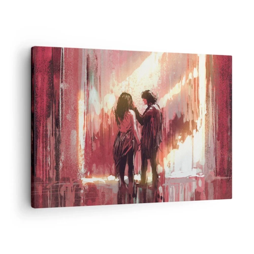 Vászonkép - Egy pár áll meleg fényben, absztrakt minták hátterében. - 70x50cm - A szerelem örök látványa - Modern fali dekoráció nappalihoz és hálószobához ARTTOR