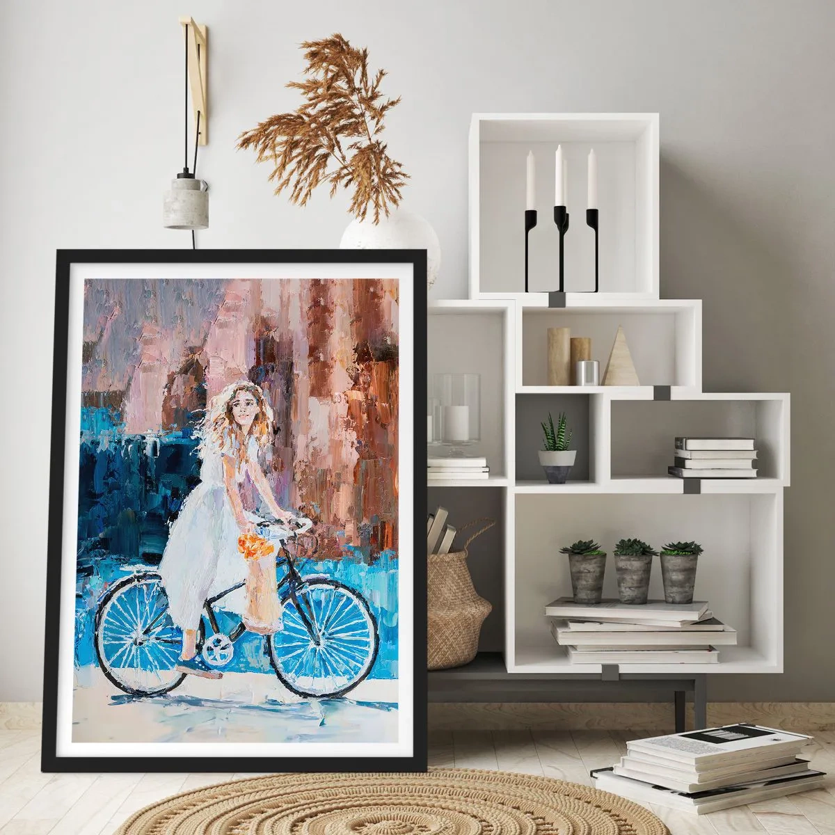 Poszter fehér keretben - Impresszionista jelenet egy kerékpárossal - 50x70cm - Reggeli öröm - Modern fali dekoráció nappalihoz és hálószobához ARTTOR